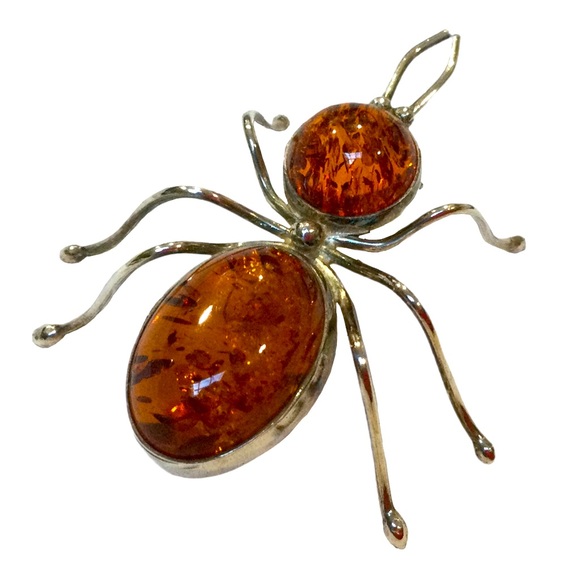 Vintage Jewelry - Vintage Baltic Amber/Sterling Silver Insect Spider Brooch/Pin 1.75” Like NEW!